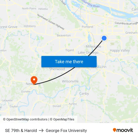 SE 79th & Harold to George Fox University map