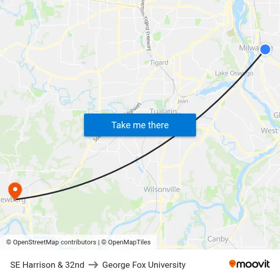 SE Harrison & 32nd to George Fox University map