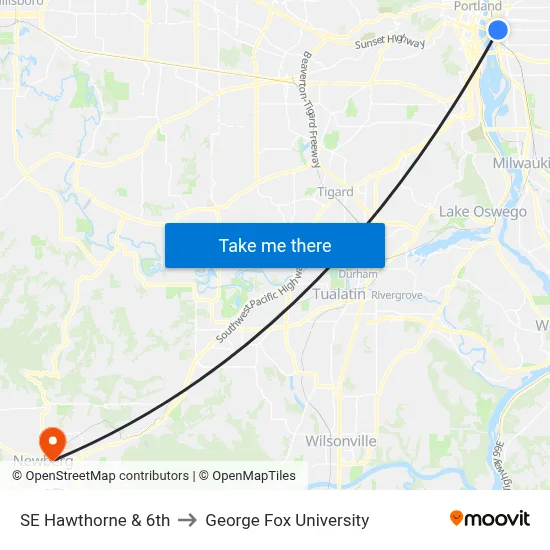 SE Hawthorne & 6th to George Fox University map