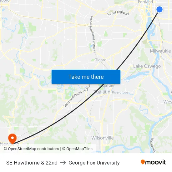 SE Hawthorne & 22nd to George Fox University map