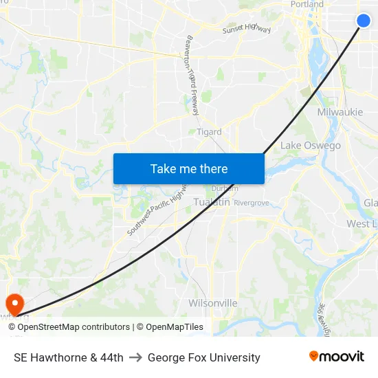 SE Hawthorne & 44th to George Fox University map