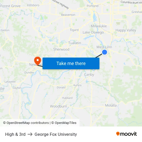 High & 3rd to George Fox University map