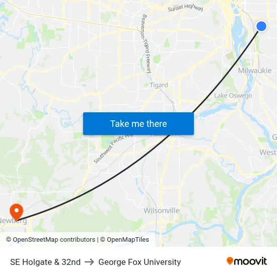 SE Holgate & 32nd to George Fox University map