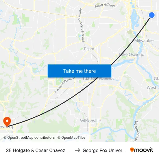 SE Holgate & Cesar Chavez Blvd to George Fox University map