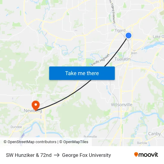 SW Hunziker & 72nd to George Fox University map