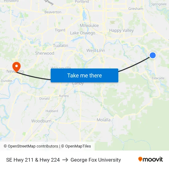 SE Hwy 211 & Hwy 224 to George Fox University map
