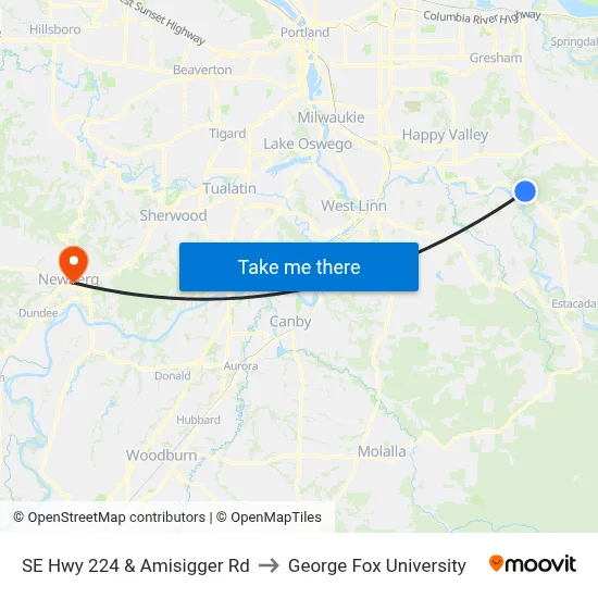 SE Hwy 224 & Amisigger Rd to George Fox University map