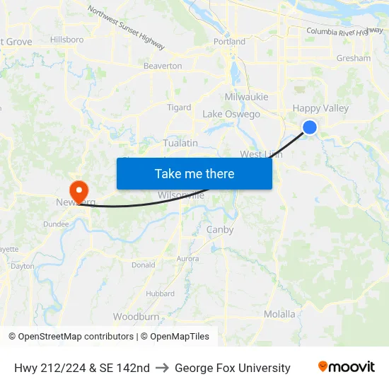 Hwy 212/224 & SE 142nd to George Fox University map
