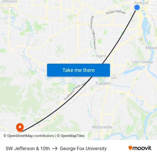 SW Jefferson & 10th to George Fox University map