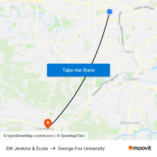 SW Jenkins & Ecole to George Fox University map