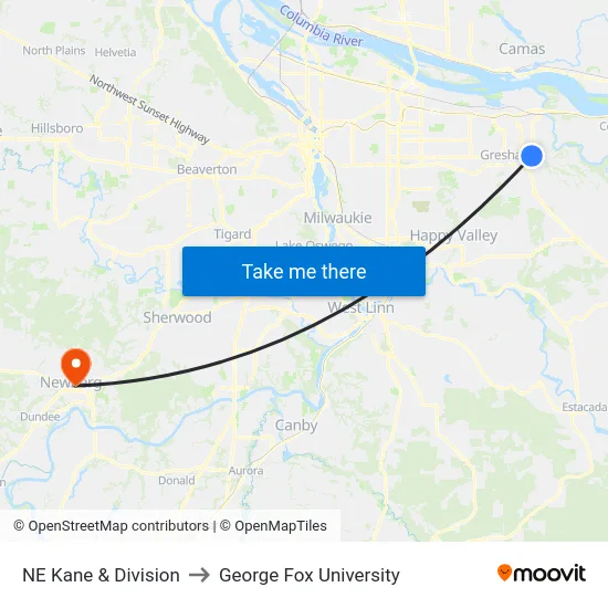 NE Kane & Division to George Fox University map