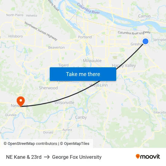 NE Kane & 23rd to George Fox University map