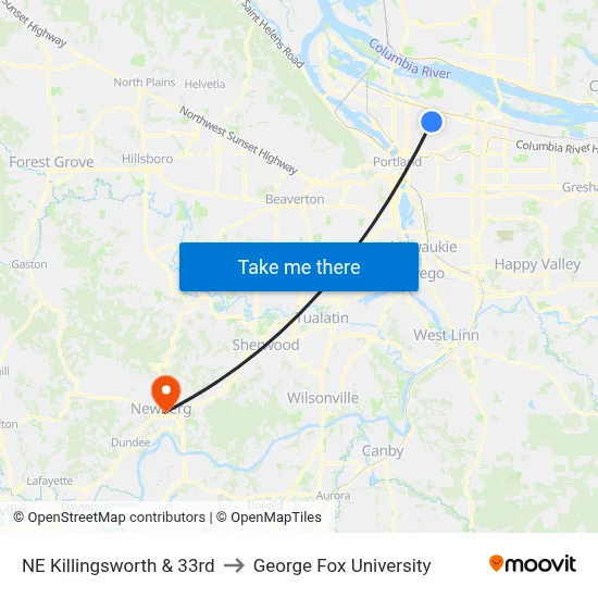 NE Killingsworth & 33rd to George Fox University map