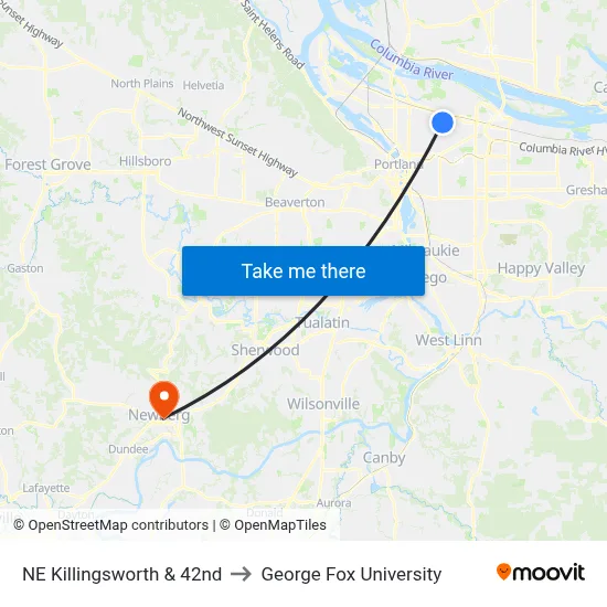 NE Killingsworth & 42nd to George Fox University map