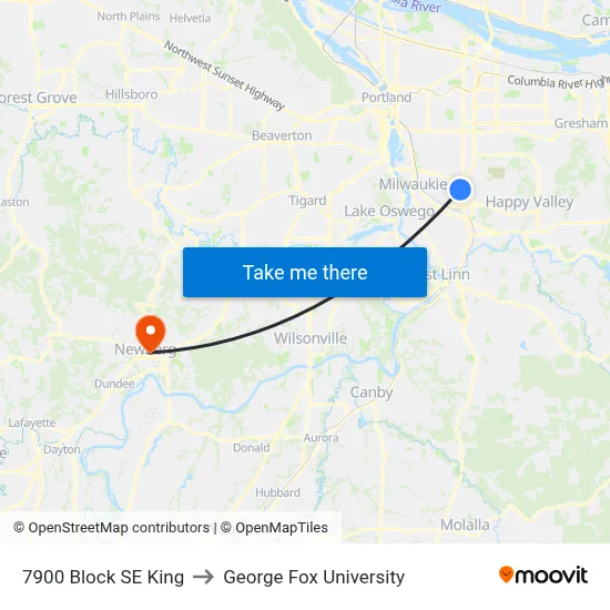 7900 Block SE King to George Fox University map