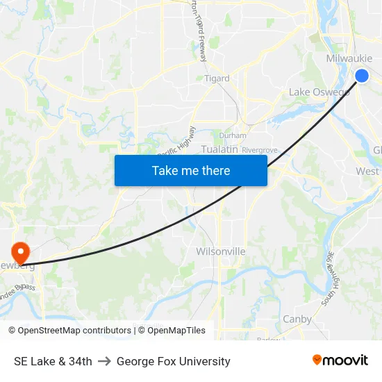 SE Lake & 34th to George Fox University map