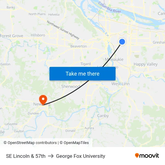 SE Lincoln & 57th to George Fox University map