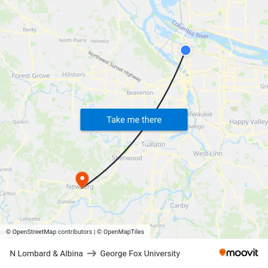 N Lombard & Albina to George Fox University map