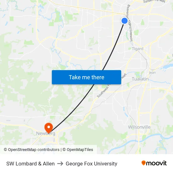 SW Lombard & Allen to George Fox University map