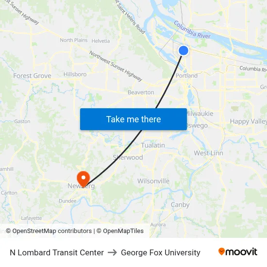 N Lombard Transit Center to George Fox University map