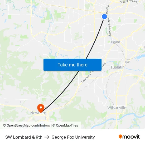 SW Lombard & 9th to George Fox University map