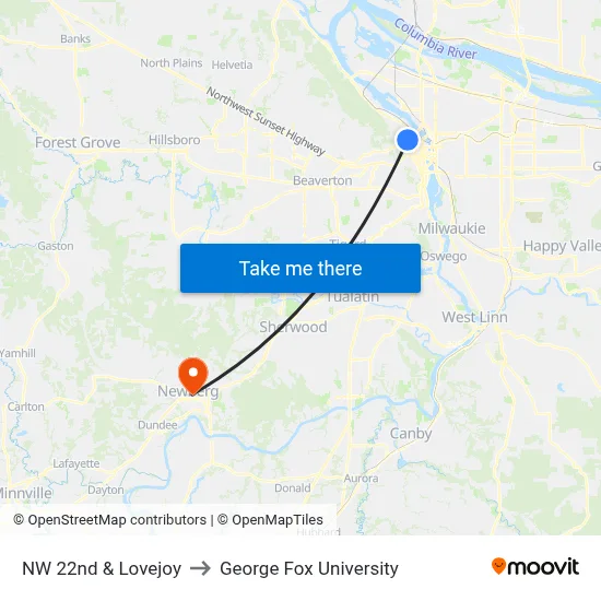 NW 22nd & Lovejoy to George Fox University map
