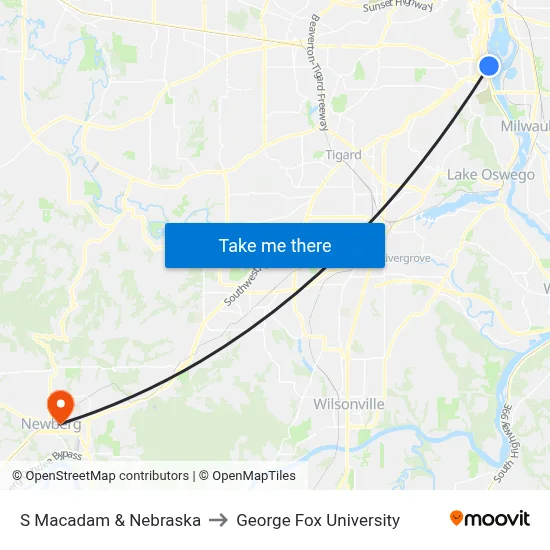 S Macadam & Nebraska to George Fox University map