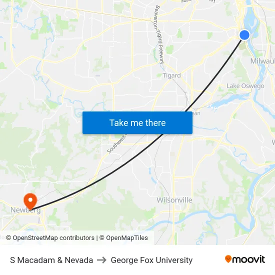 S Macadam & Nevada to George Fox University map
