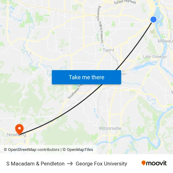 S Macadam & Pendleton to George Fox University map