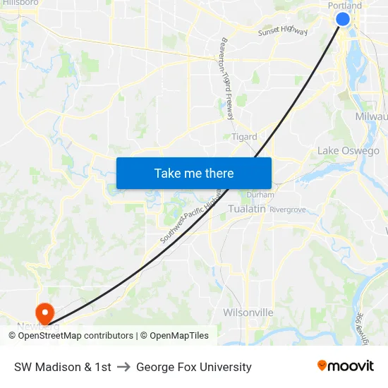 SW Madison & 1st to George Fox University map