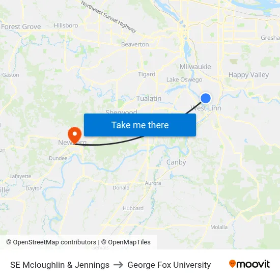SE Mcloughlin & Jennings to George Fox University map