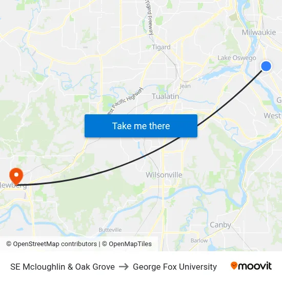 SE Mcloughlin & Oak Grove to George Fox University map