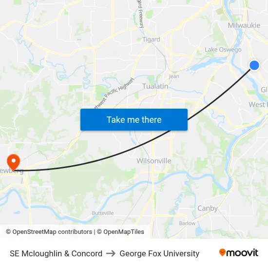 SE Mcloughlin & Concord to George Fox University map