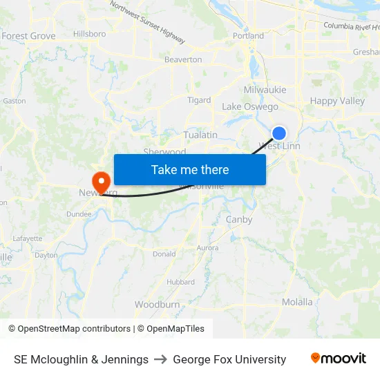 SE Mcloughlin & Jennings to George Fox University map