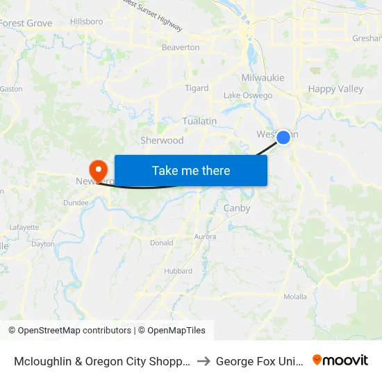 Mcloughlin & Oregon City Shopping Center to George Fox University map