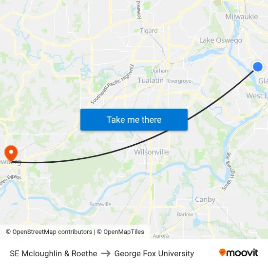 SE Mcloughlin & Roethe to George Fox University map