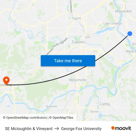 SE Mcloughlin & Vineyard to George Fox University map