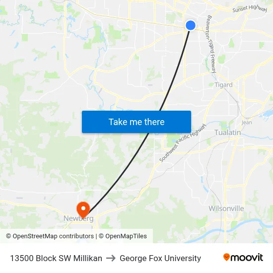 13500 Block SW Millikan to George Fox University map