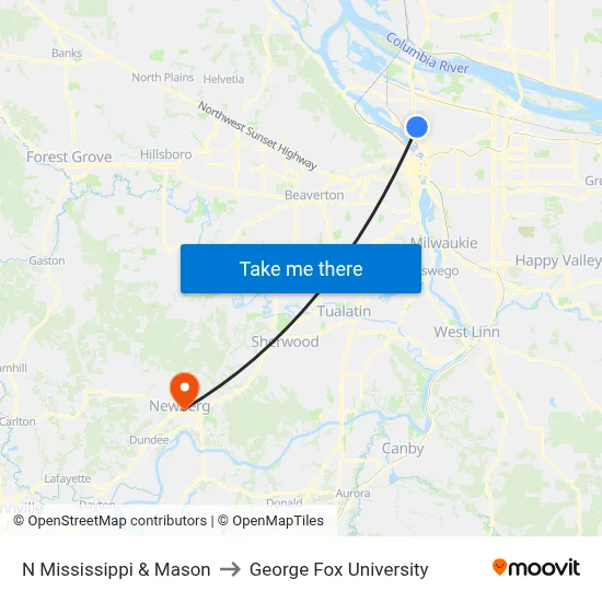 N Mississippi & Mason to George Fox University map