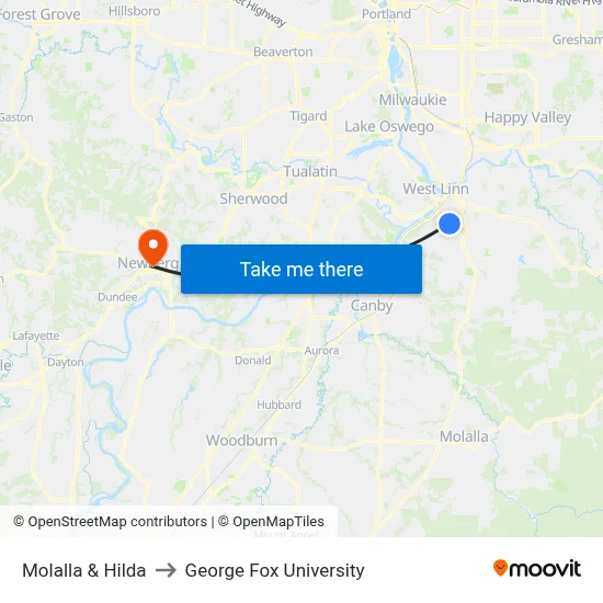 Molalla & Hilda to George Fox University map