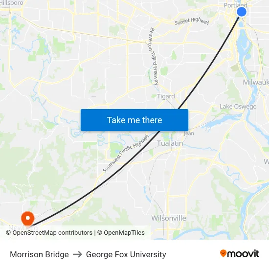 Morrison Bridge to George Fox University map