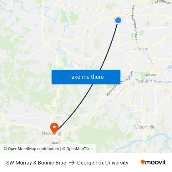 SW Murray & Bonnie Brae to George Fox University map