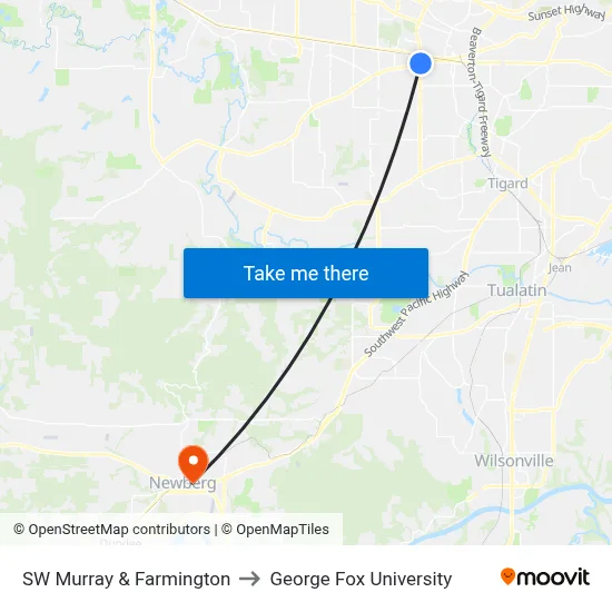 SW Murray & Farmington to George Fox University map