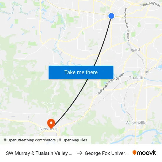 SW Murray & Tualatin Valley Hwy to George Fox University map