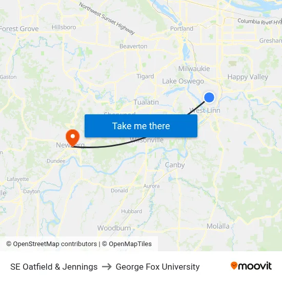 SE Oatfield & Jennings to George Fox University map