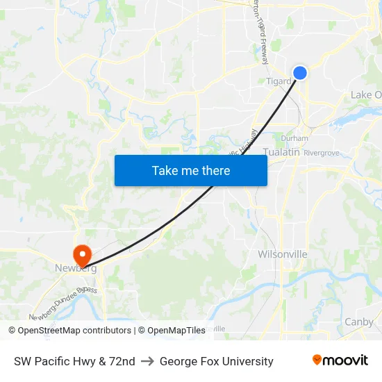 SW Pacific Hwy & 72nd to George Fox University map