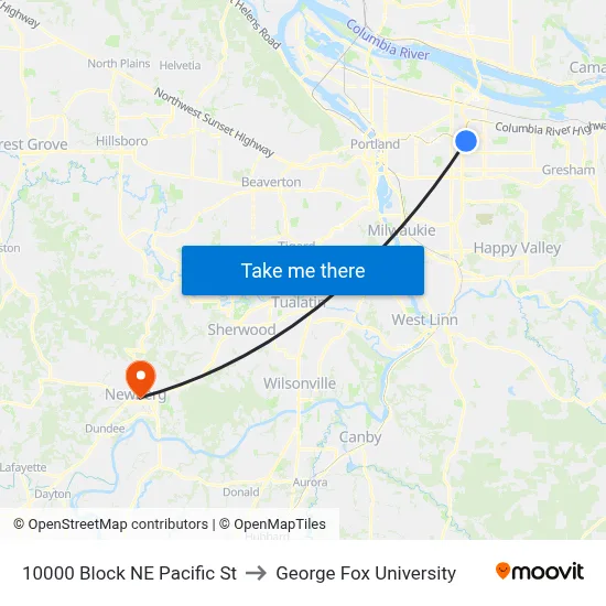 10000 Block NE Pacific St to George Fox University map