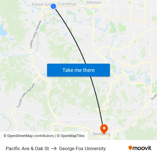 Pacific Ave & Oak St to George Fox University map