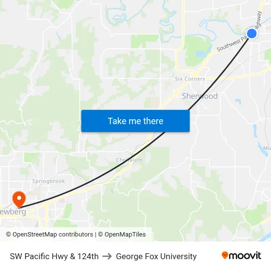 SW Pacific Hwy & 124th to George Fox University map