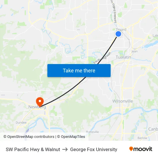 SW Pacific Hwy & Walnut to George Fox University map
